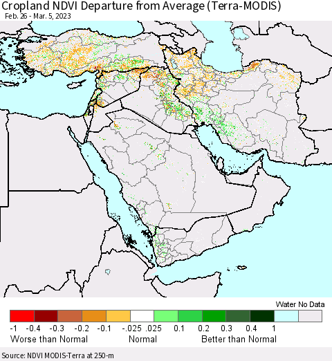 Middle East and Turkey Cropland NDVI Departure from Average (Terra-MODIS) Thematic Map For 2/26/2023 - 3/5/2023