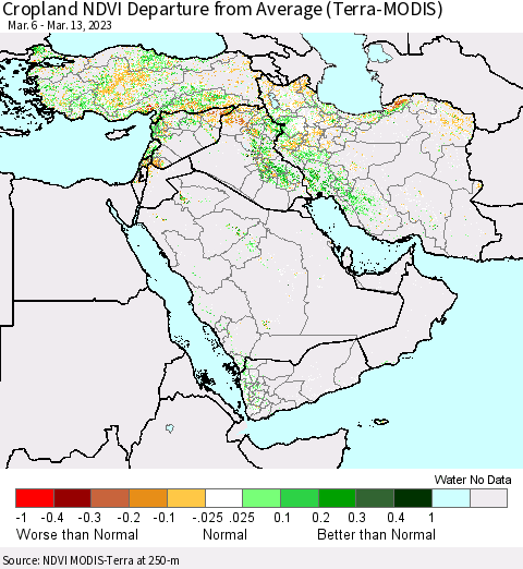 Middle East and Turkey Cropland NDVI Departure from Average (Terra-MODIS) Thematic Map For 3/6/2023 - 3/13/2023