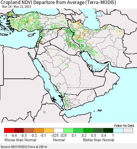 Middle East and Turkey Cropland NDVI Departure from Average (Terra-MODIS) Thematic Map For 3/14/2023 - 3/21/2023