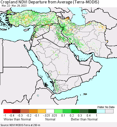 Middle East and Turkey Cropland NDVI Departure from Average (Terra-MODIS) Thematic Map For 3/22/2023 - 3/29/2023