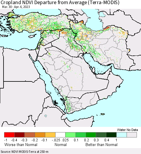 Middle East and Turkey Cropland NDVI Departure from Average (Terra-MODIS) Thematic Map For 3/30/2023 - 4/6/2023