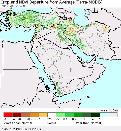 Middle East and Turkey Cropland NDVI Departure from Average (Terra-MODIS) Thematic Map For 4/7/2023 - 4/14/2023