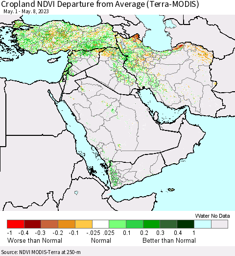 Middle East and Turkey Cropland NDVI Departure from Average (Terra-MODIS) Thematic Map For 5/1/2023 - 5/8/2023