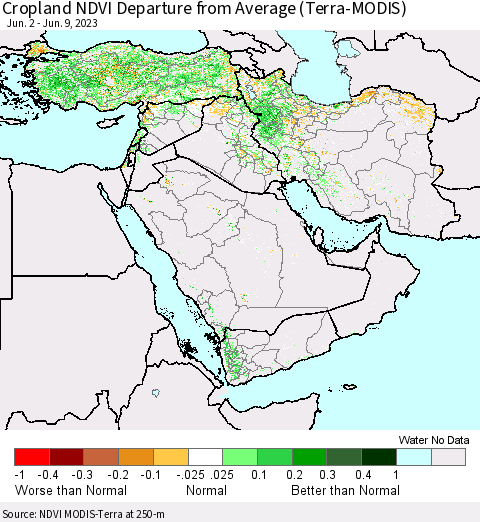 Middle East and Turkey Cropland NDVI Departure from Average (Terra-MODIS) Thematic Map For 6/2/2023 - 6/9/2023