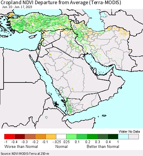 Middle East and Turkey Cropland NDVI Departure from Average (Terra-MODIS) Thematic Map For 6/10/2023 - 6/17/2023