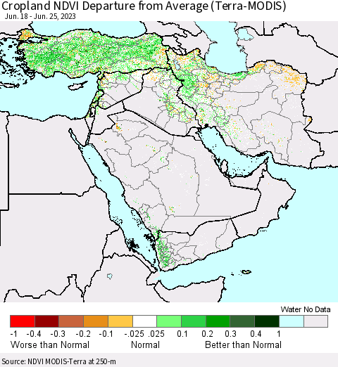 Middle East and Turkey Cropland NDVI Departure from Average (Terra-MODIS) Thematic Map For 6/18/2023 - 6/25/2023