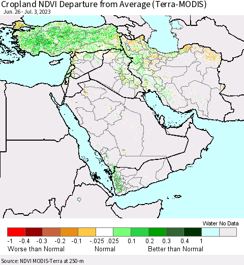 Middle East and Turkey Cropland NDVI Departure from Average (Terra-MODIS) Thematic Map For 6/26/2023 - 7/3/2023