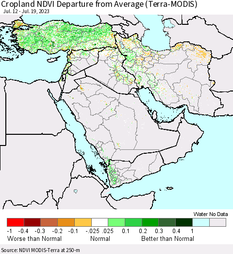 Middle East and Turkey Cropland NDVI Departure from Average (Terra-MODIS) Thematic Map For 7/12/2023 - 7/19/2023