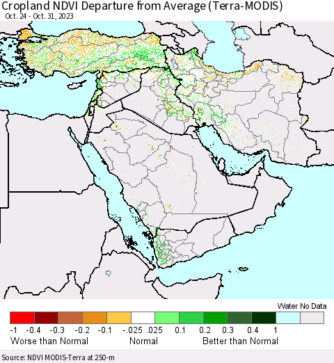 Middle East and Turkey Cropland NDVI Departure from Average (Terra-MODIS) Thematic Map For 10/24/2023 - 10/31/2023