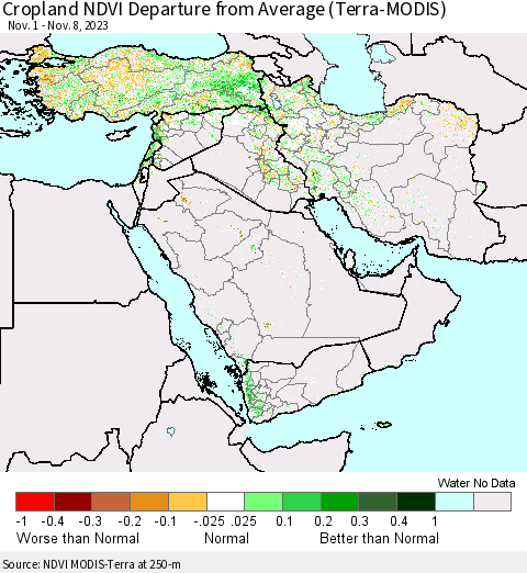 Middle East and Turkey Cropland NDVI Departure from Average (Terra-MODIS) Thematic Map For 11/1/2023 - 11/8/2023