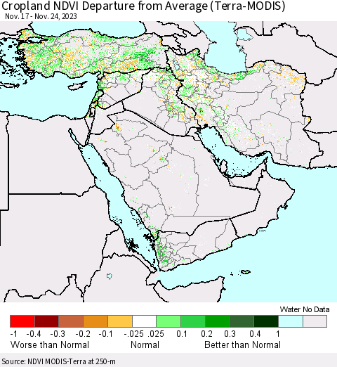 Middle East and Turkey Cropland NDVI Departure from Average (Terra-MODIS) Thematic Map For 11/17/2023 - 11/24/2023