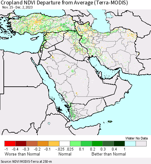 Middle East and Turkey Cropland NDVI Departure from Average (Terra-MODIS) Thematic Map For 11/25/2023 - 12/2/2023