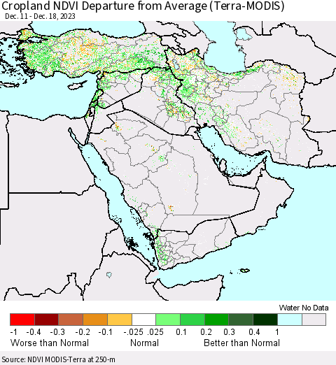 Middle East and Turkey Cropland NDVI Departure from Average (Terra-MODIS) Thematic Map For 12/11/2023 - 12/18/2023
