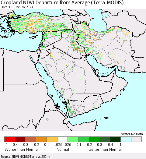 Middle East and Turkey Cropland NDVI Departure from Average (Terra-MODIS) Thematic Map For 12/19/2023 - 12/26/2023