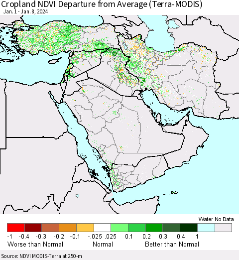 Middle East and Turkey Cropland NDVI Departure from Average (Terra-MODIS) Thematic Map For 1/1/2024 - 1/8/2024