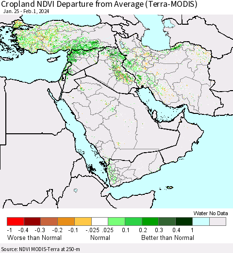 Middle East and Turkey Cropland NDVI Departure from Average (Terra-MODIS) Thematic Map For 1/25/2024 - 2/1/2024