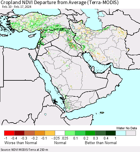 Middle East and Turkey Cropland NDVI Departure from Average (Terra-MODIS) Thematic Map For 2/10/2024 - 2/17/2024