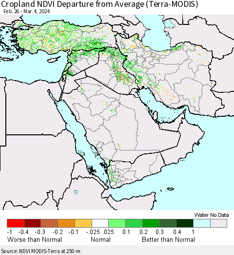 Middle East and Turkey Cropland NDVI Departure from Average (Terra-MODIS) Thematic Map For 2/26/2024 - 3/4/2024