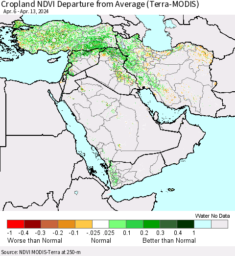 Middle East and Turkey Cropland NDVI Departure from Average (Terra-MODIS) Thematic Map For 4/6/2024 - 4/13/2024