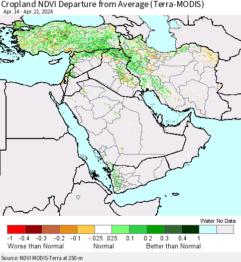 Middle East and Turkey Cropland NDVI Departure from Average (Terra-MODIS) Thematic Map For 4/14/2024 - 4/21/2024