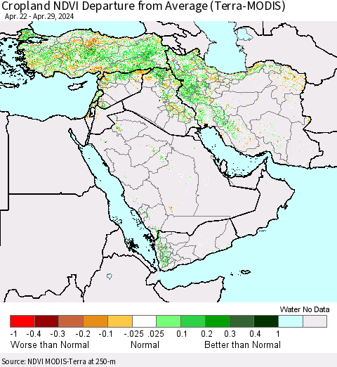 Middle East and Turkey Cropland NDVI Departure from Average (Terra-MODIS) Thematic Map For 4/22/2024 - 4/29/2024