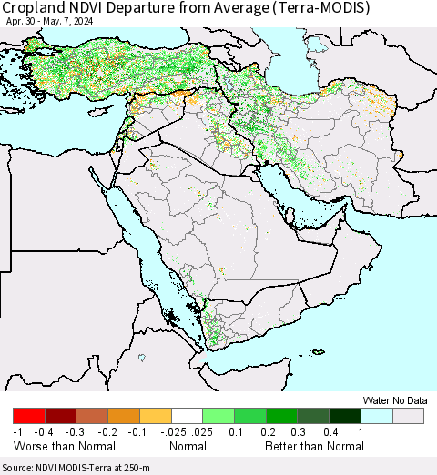 Middle East and Turkey Cropland NDVI Departure from Average (Terra-MODIS) Thematic Map For 4/30/2024 - 5/7/2024