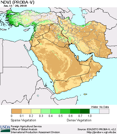 Middle East and Turkey NDVI (PROBA-V) Thematic Map For 1/11/2018 - 1/20/2018