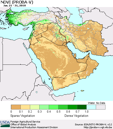 Middle East and Turkey NDVI (PROBA-V) Thematic Map For 1/21/2018 - 1/31/2018