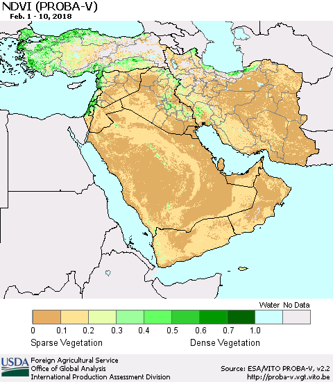 Middle East and Turkey NDVI (PROBA-V) Thematic Map For 2/1/2018 - 2/10/2018