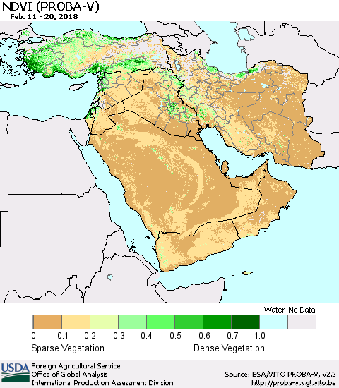 Middle East and Turkey NDVI (PROBA-V) Thematic Map For 2/11/2018 - 2/20/2018