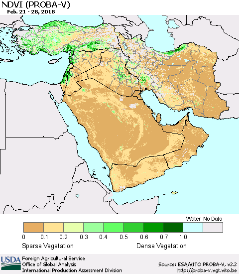 Middle East and Turkey NDVI (PROBA-V) Thematic Map For 2/21/2018 - 2/28/2018