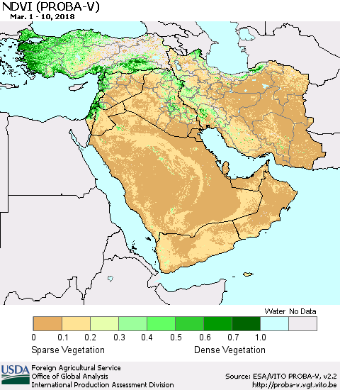 Middle East and Turkey NDVI (PROBA-V) Thematic Map For 3/1/2018 - 3/10/2018