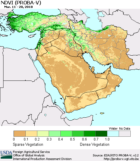 Middle East and Turkey NDVI (PROBA-V) Thematic Map For 3/11/2018 - 3/20/2018