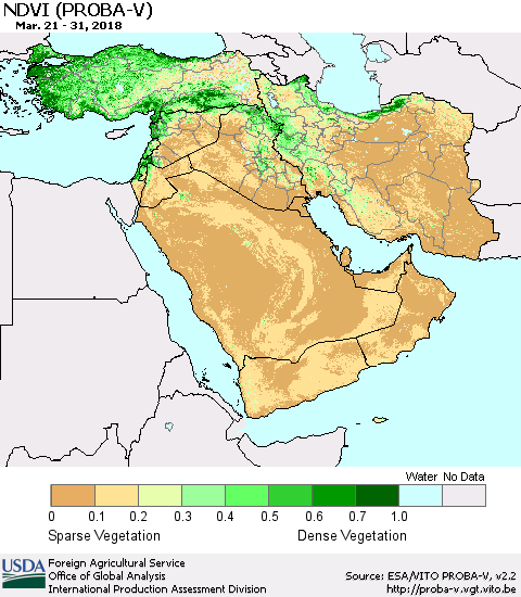 Middle East and Turkey NDVI (PROBA-V) Thematic Map For 3/21/2018 - 3/31/2018