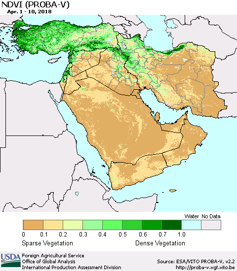 Middle East and Turkey NDVI (PROBA-V) Thematic Map For 4/1/2018 - 4/10/2018
