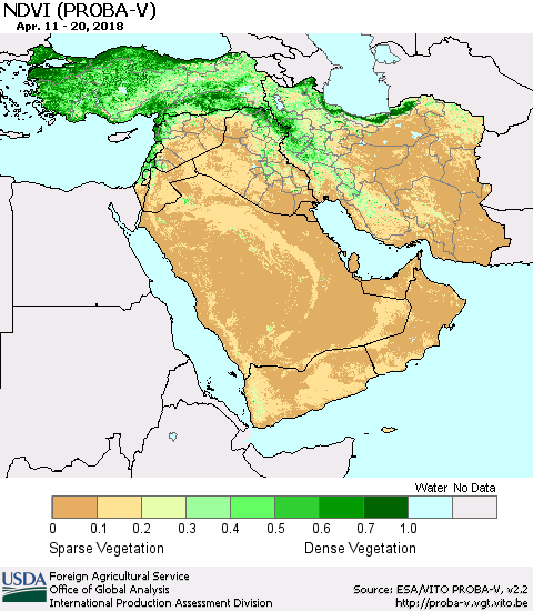 Middle East and Turkey NDVI (PROBA-V) Thematic Map For 4/11/2018 - 4/20/2018