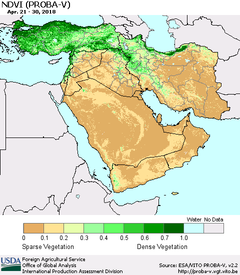 Middle East and Turkey NDVI (PROBA-V) Thematic Map For 4/21/2018 - 4/30/2018