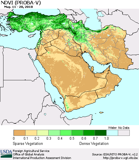 Middle East and Turkey NDVI (PROBA-V) Thematic Map For 5/11/2018 - 5/20/2018