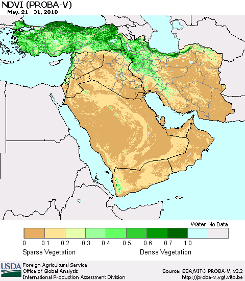 Middle East and Turkey NDVI (PROBA-V) Thematic Map For 5/21/2018 - 5/31/2018