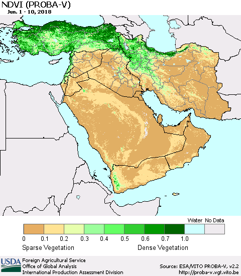 Middle East and Turkey NDVI (PROBA-V) Thematic Map For 6/1/2018 - 6/10/2018