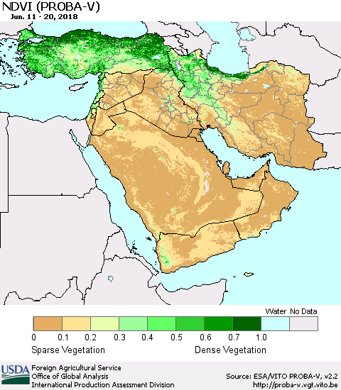 Middle East and Turkey NDVI (PROBA-V) Thematic Map For 6/11/2018 - 6/20/2018