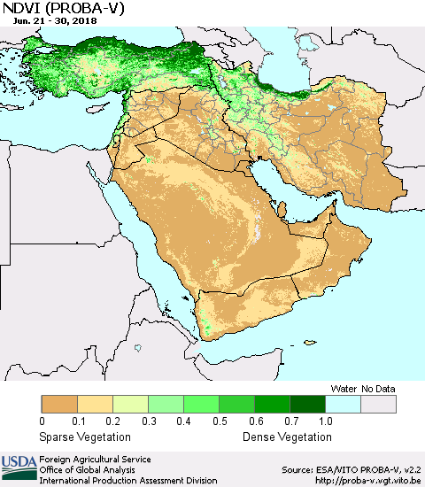 Middle East and Turkey NDVI (PROBA-V) Thematic Map For 6/21/2018 - 6/30/2018