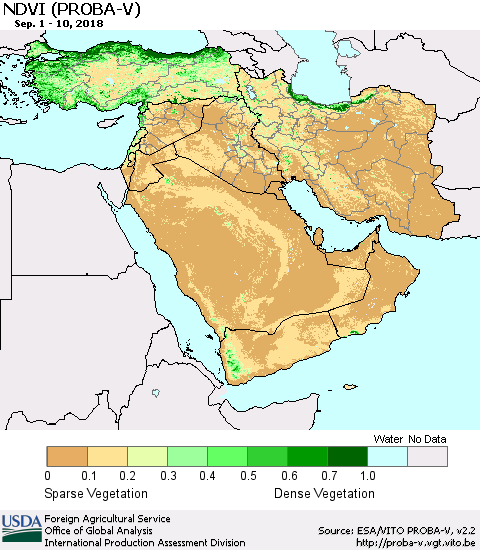 Middle East and Turkey NDVI (PROBA-V) Thematic Map For 9/1/2018 - 9/10/2018