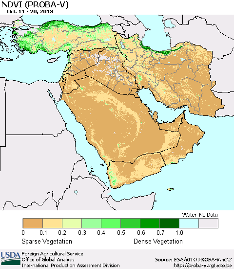 Middle East and Turkey NDVI (PROBA-V) Thematic Map For 10/11/2018 - 10/20/2018