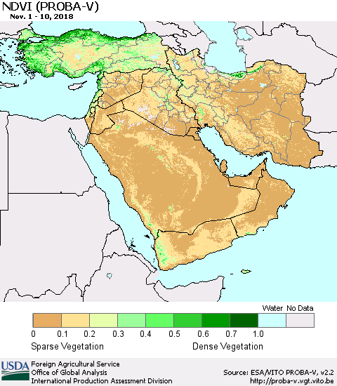 Middle East and Turkey NDVI (PROBA-V) Thematic Map For 11/1/2018 - 11/10/2018