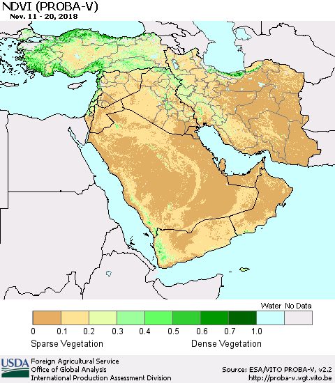 Middle East and Turkey NDVI (PROBA-V) Thematic Map For 11/11/2018 - 11/20/2018