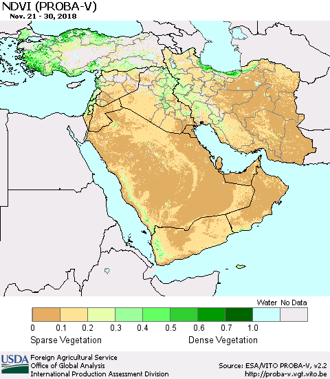 Middle East and Turkey NDVI (PROBA-V) Thematic Map For 11/21/2018 - 11/30/2018