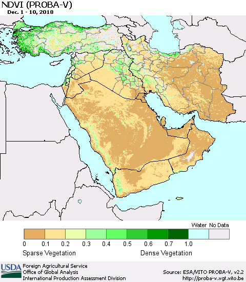 Middle East and Turkey NDVI (PROBA-V) Thematic Map For 12/1/2018 - 12/10/2018
