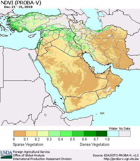 Middle East and Turkey NDVI (PROBA-V) Thematic Map For 12/21/2018 - 12/31/2018