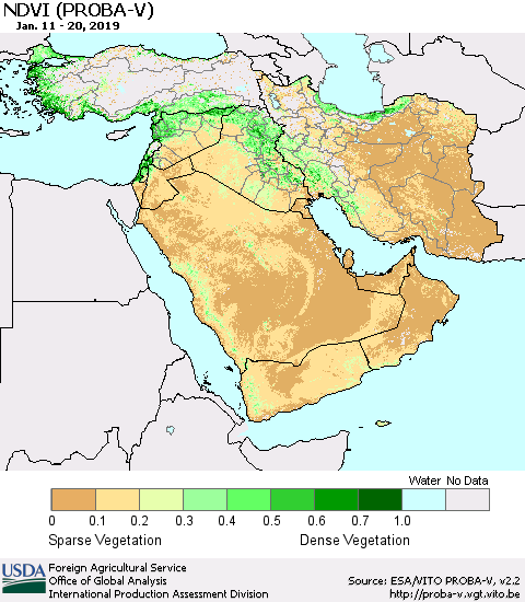 Middle East and Turkey NDVI (PROBA-V) Thematic Map For 1/11/2019 - 1/20/2019